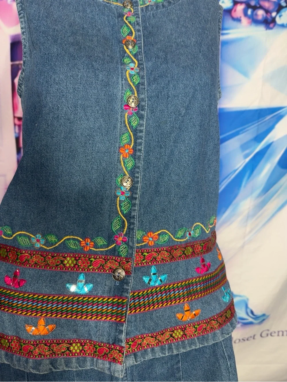 Vintage Sleeveless Embroidered Denim Pantsuit in Blue